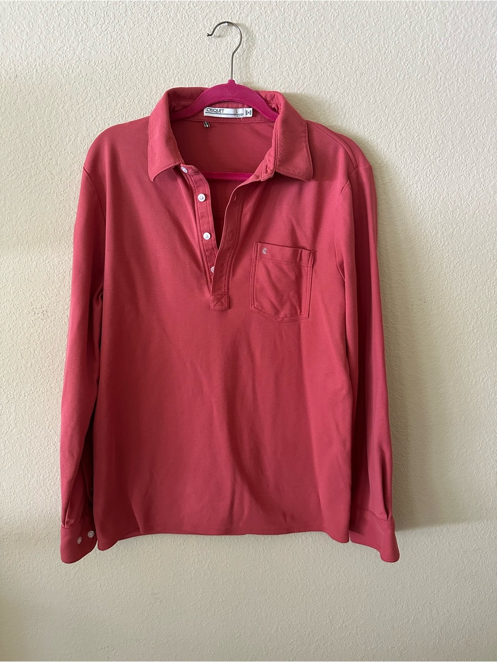 Criquet Men's Long-Sleeve Pocket Polo - Coral size Large 100% Pima Cotton